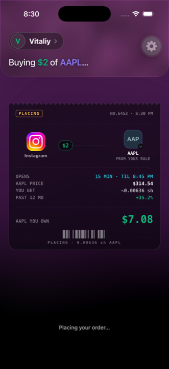 Doomo placing the order: 'Buying $2 of AAPL…' over a receipt marked PLACING, showing $7.08 of AAPL owned.